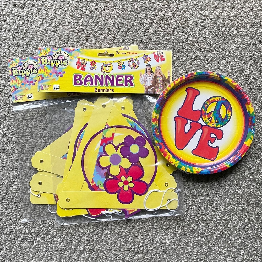 Bundle of 2 Yellow Hippie Icons Love Party Banner & Matching LOVE Paper Plates